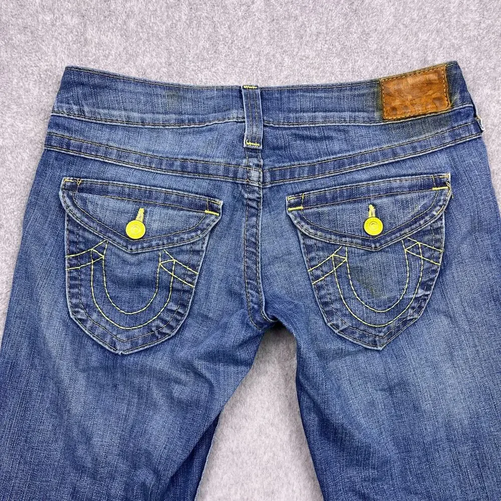 Vintage True Religion Jeans Yellow Stitching Flap Pocket USA Made 34x25 (Hemmed)
